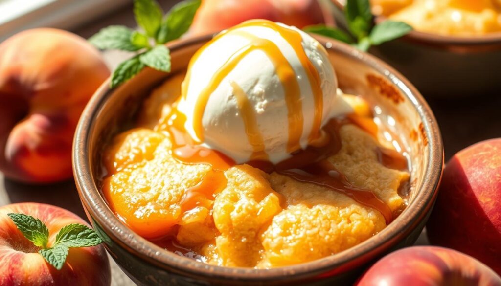 peach cobbler with ice cream